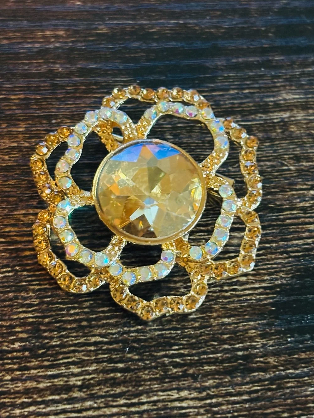 Gold Tone Crystal Rhinestone Flower Brooch Pin - Sparkling Gold Floral Jewelry